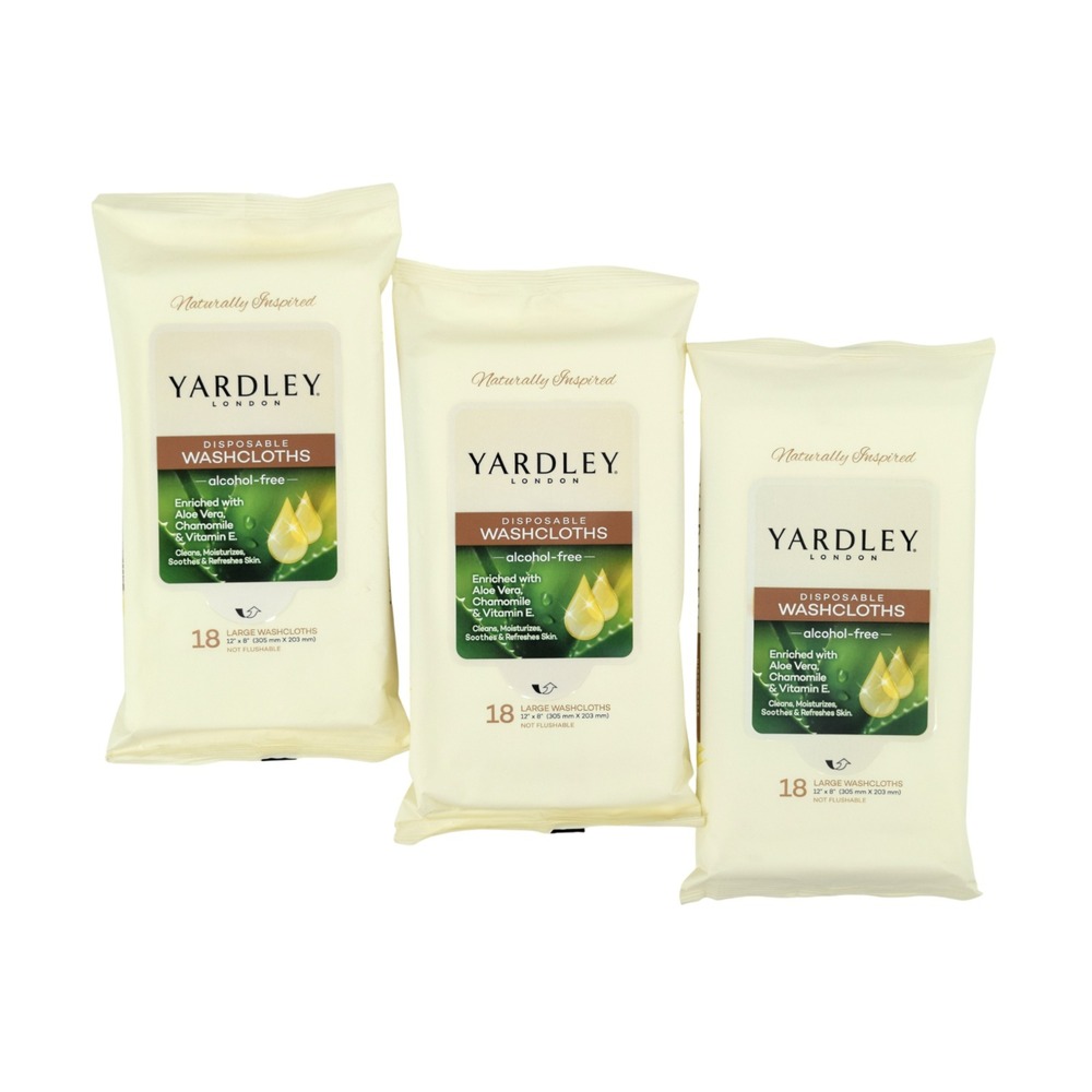 Yardley London Disposable Washcloths 3-Pack (54ct) 12x8 Body Wipes - Aloe Vera